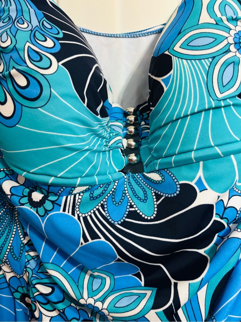 Tropical Blue/Turquoise Floral One-Piece Swimsuit with ruching—18W - Picture 2 of 10